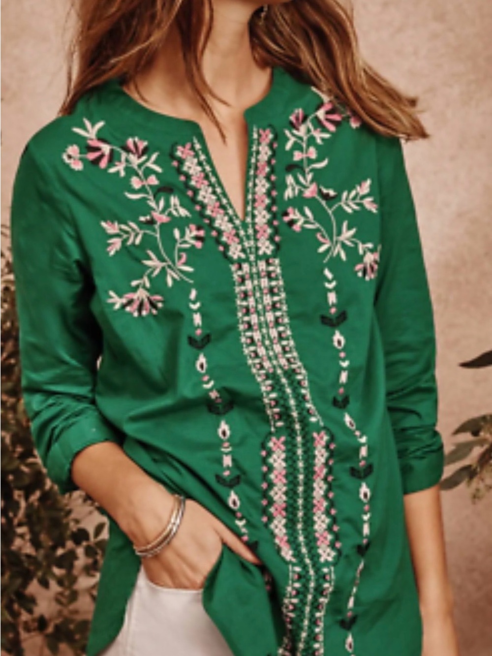 J. Jill Green Embroidered Split-Neck Tunic with Pink Accents